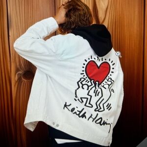 Keith Haring Jacket H&M Limited Edition Mens Size Large Denim Relaxed White